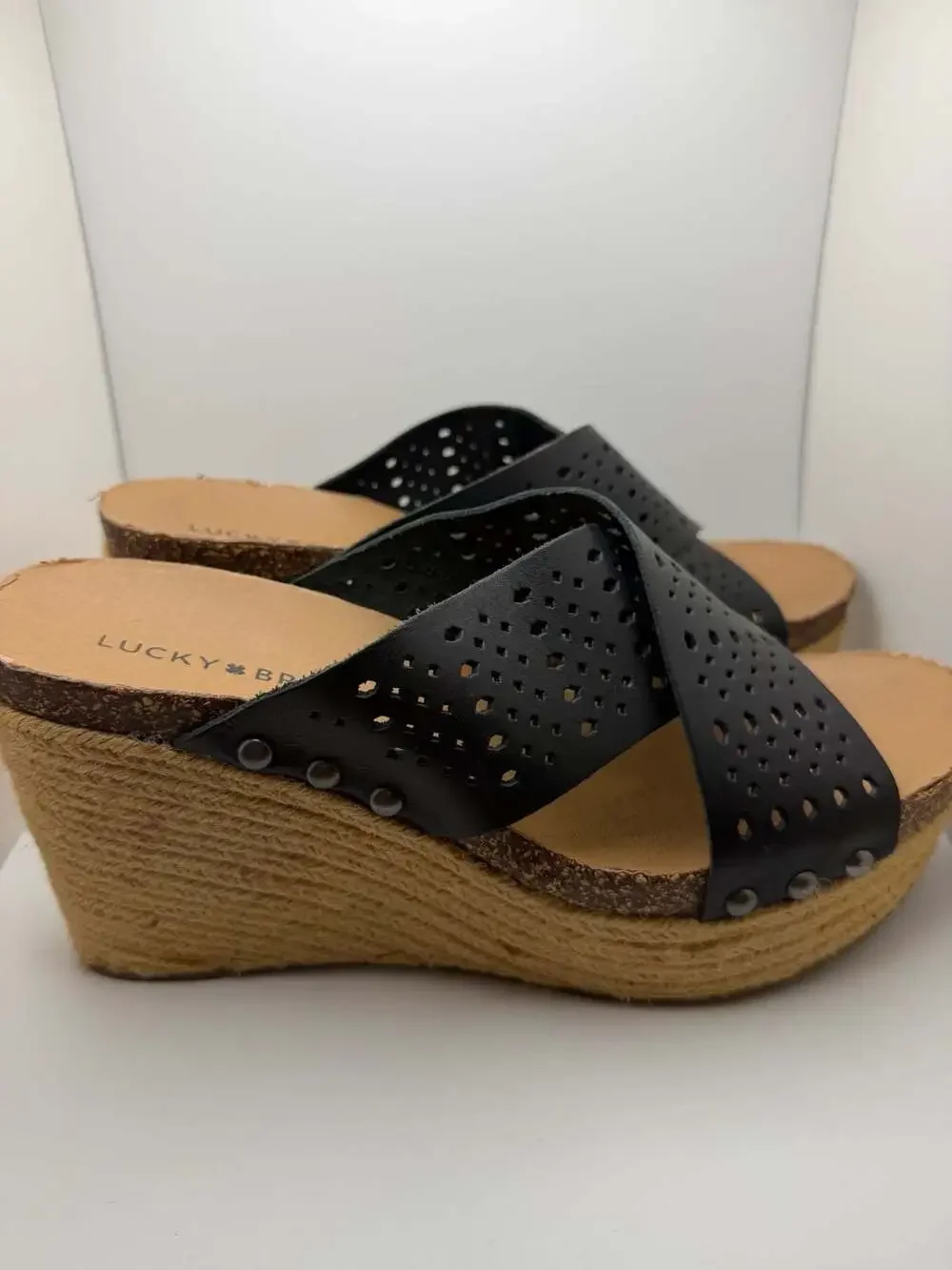 Lucky Brand Neeka Black Cutout Leather Espadrille Wedge Sandals